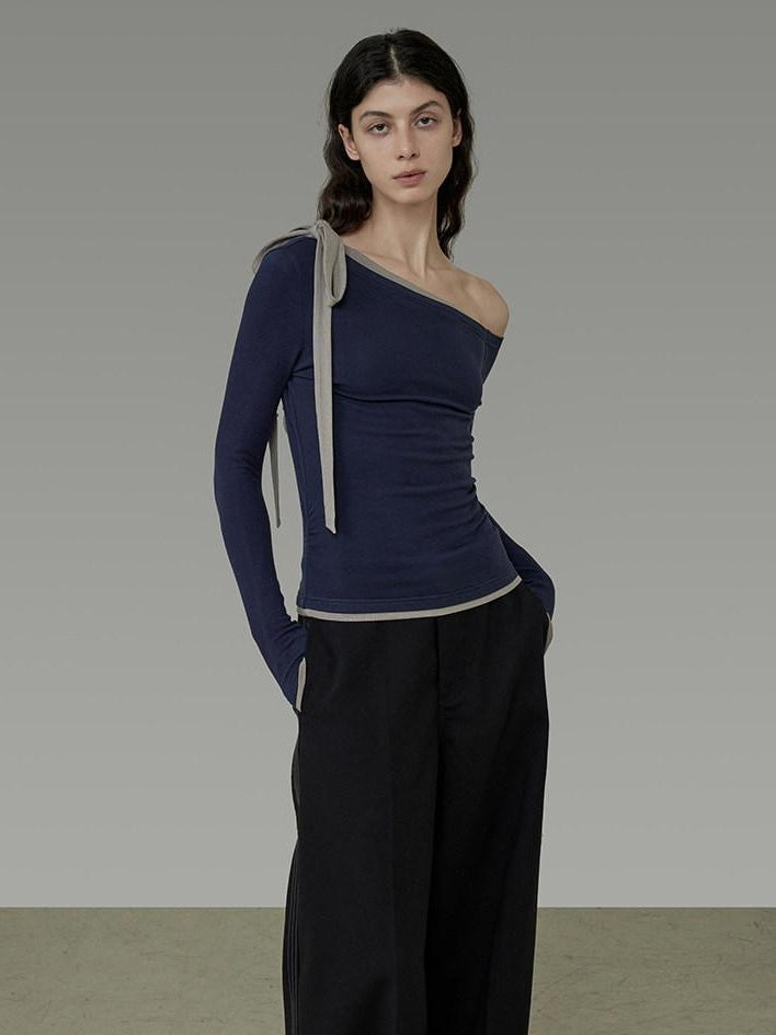unspoken Tie Detail Slim Knit Pullover Asymmetrical Collar Office Viscose Blouses