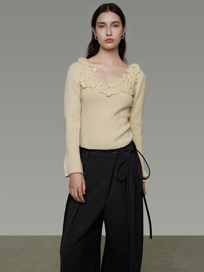 unspoken Soft Breathable V-neck Slim Fit Commuter Knitwear Bell Sleeves Women Sweaters
