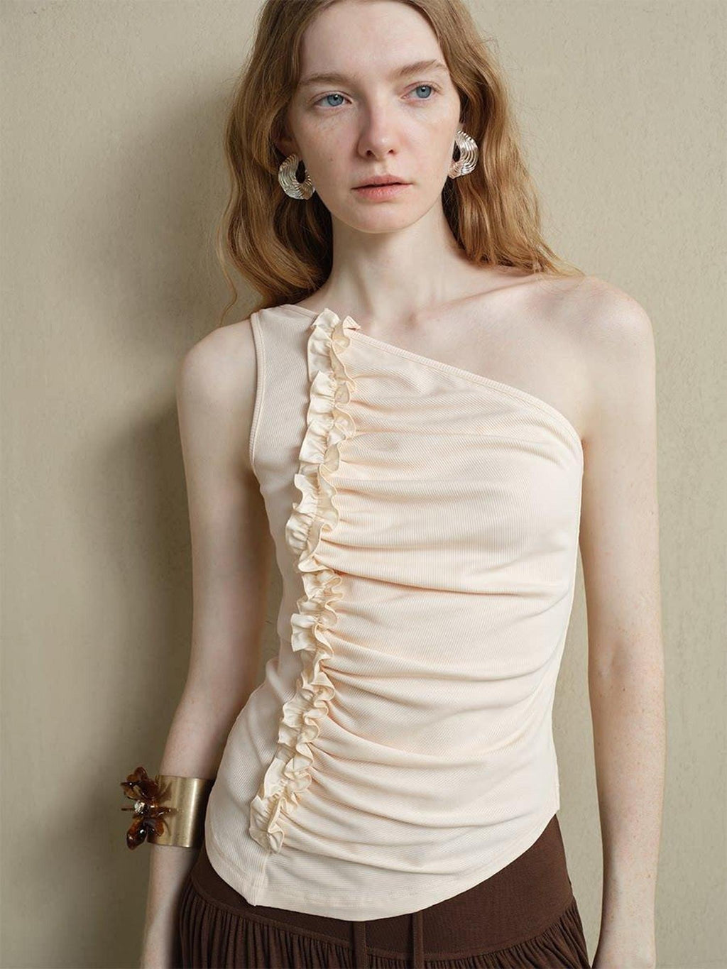 someone sometimes Soft Viscose Blend Slim Fit One Shoulder Beige Stretch Ruching Tank Tops
