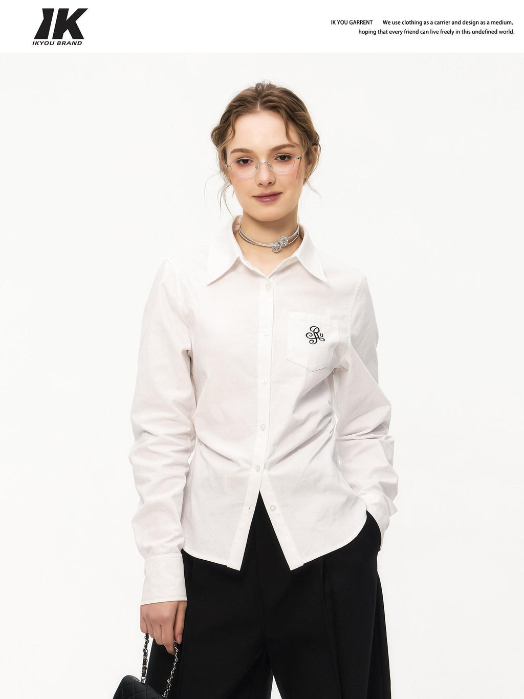 ikyou Embroidered Pleat Slim Fit Office Cotton Blend Collared Long Sleeve Blouses