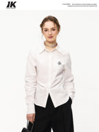 ikyou Embroidered Pleat Slim Fit Office Cotton Blend Collared Long Sleeve Blouses