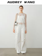 audreyyang Natural Waist Cotton Nylon Blend Loose Office Women White Straight Pants