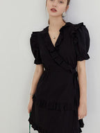 fano High Waist Tie A Line Cotton V-neck Puff Sleeves Casual Work Women Midi Dresses