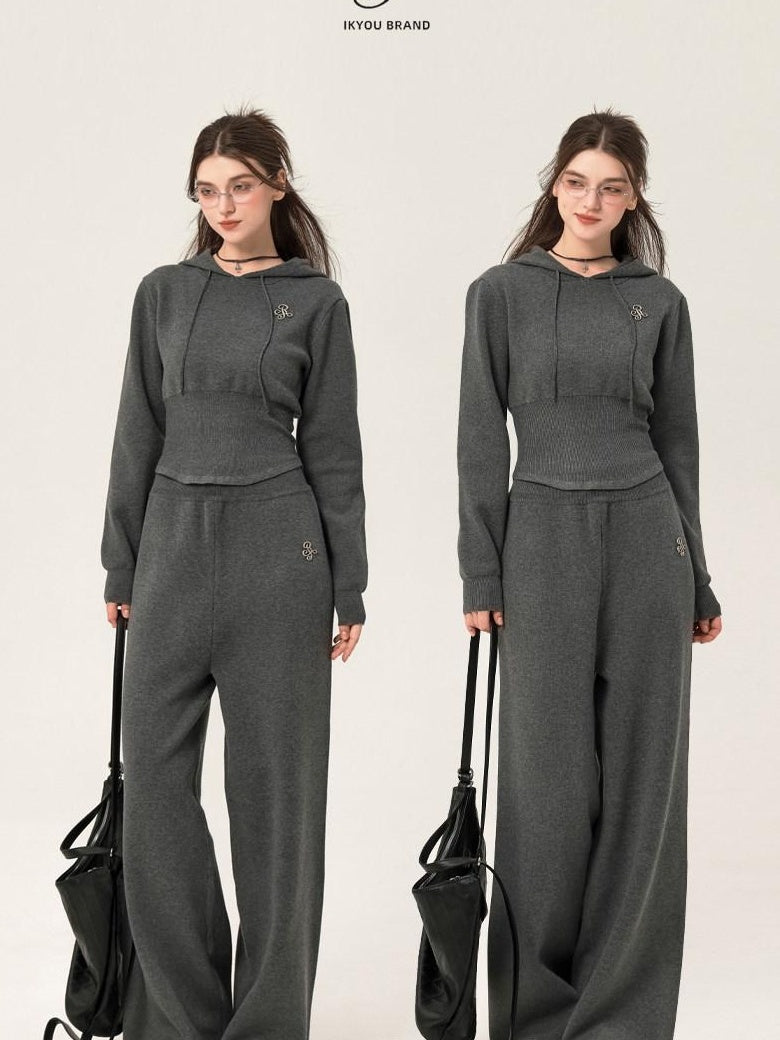 ikyou Ribbed Grey Cropped Hood Pullover Commuter Polyester Women Top & Pants Sets