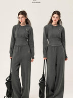 ikyou Ribbed Grey Cropped Hood Pullover Commuter Polyester Women Top & Pants Sets