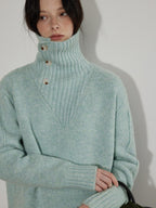 Lofi choose Cozy High Neck Loose Fit Commuter Knit Pullover Blue Polyester Sweaters