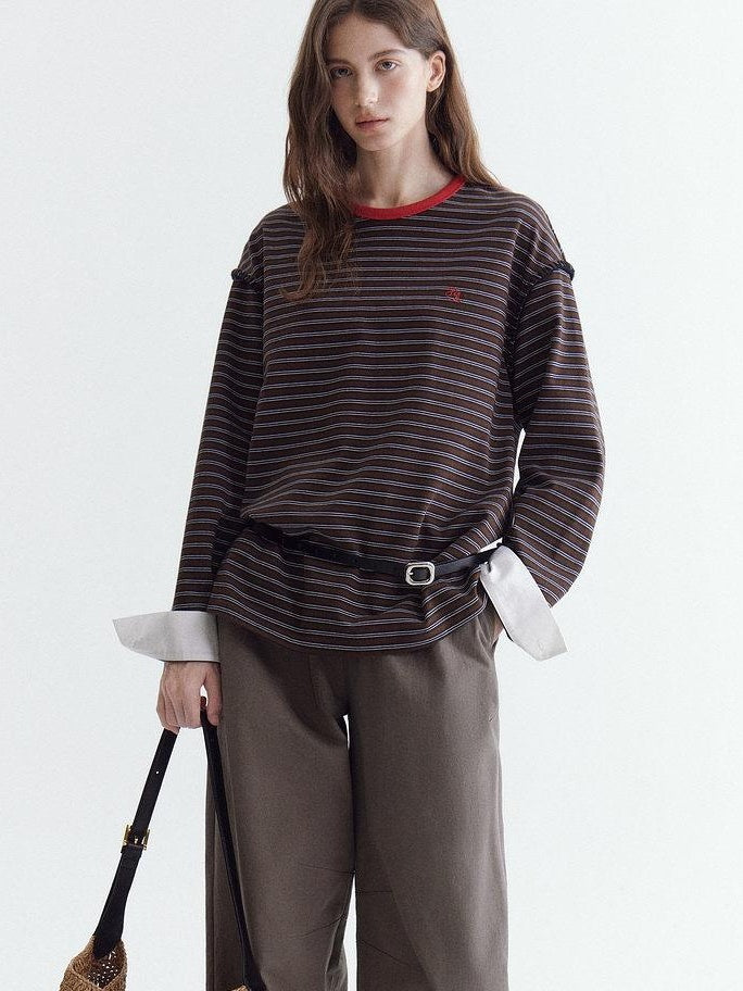 fano Comfort Cotton Stretch Striped Korean Loose Fit Women Long Sleeve T-Shirts