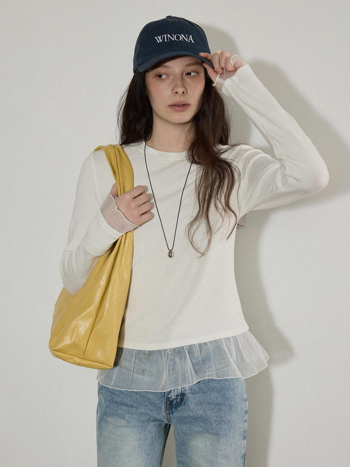 Lofi choose Patchwork Loose Fit Office Crew Neck Women Dark Gray White Long Sleeve T-Shirts