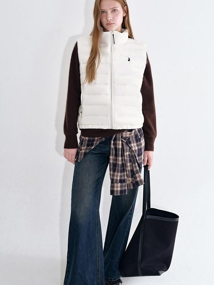 fano 90% White Duck Down Sleeveless Straight Stand Collar Zipper Beige Down Jackets