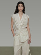 unspoken Breathable Linen Blend Sleeveless V-neck Tie Front Loose Fit Work White Blouses