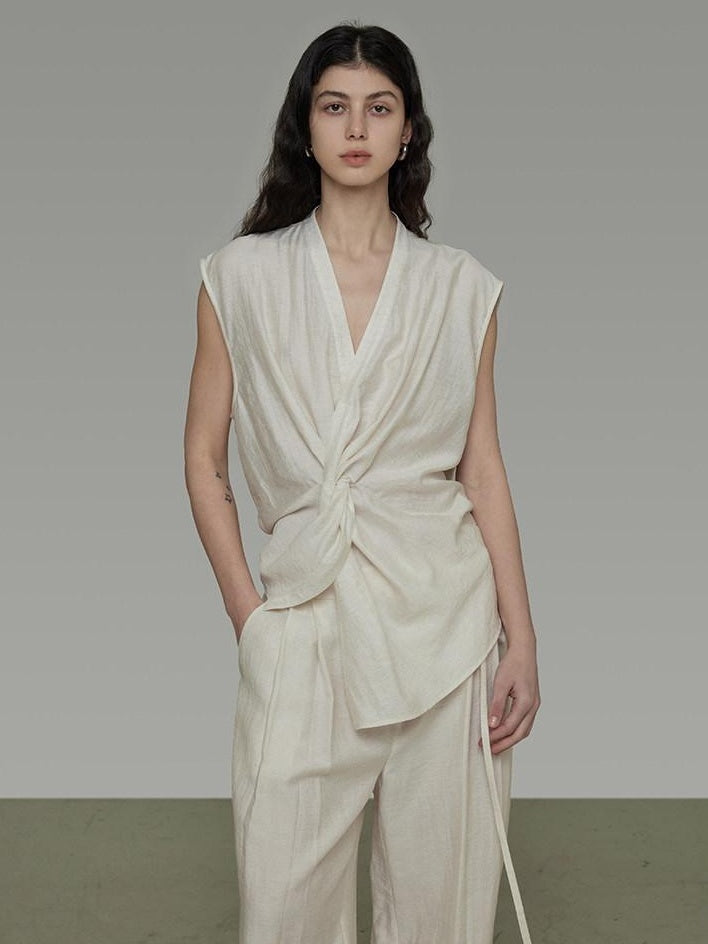 unspoken Breathable Linen Blend Sleeveless V-neck Tie Front Loose Fit Work White Blouses