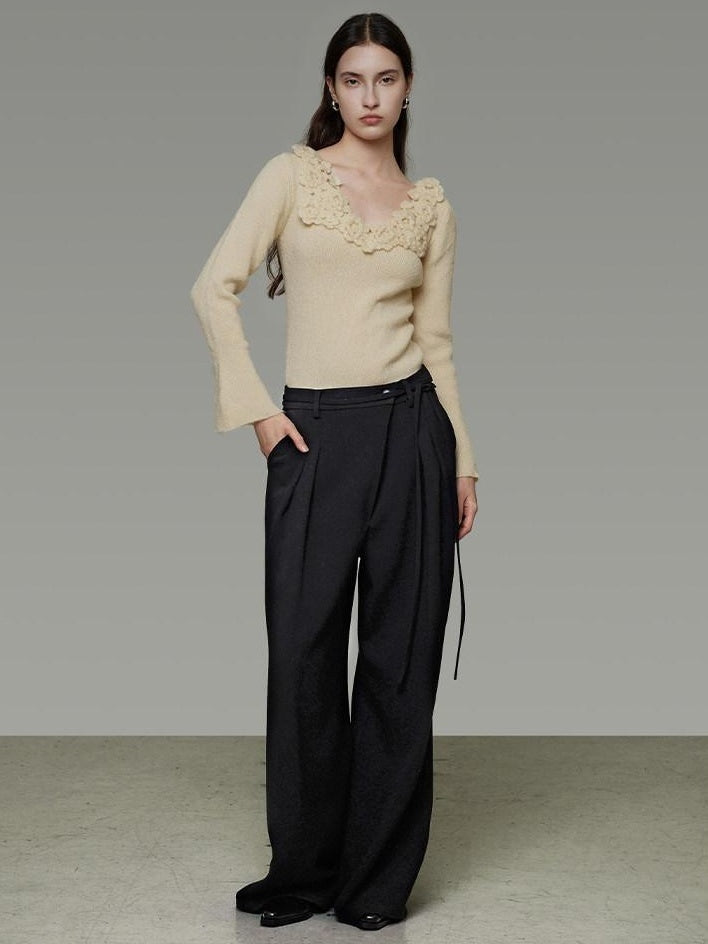 unspoken Soft Breathable V-neck Slim Fit Commuter Knitwear Bell Sleeves Women Sweaters
