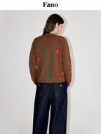 fano Soft Acrylic Blend Oversized Round Neck Single Row Button Women Brown Cardigans
