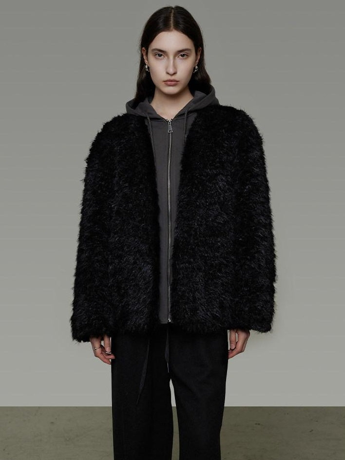 unspoken Warm Minimalist Commuter Loose Fit Zip Layered Women Black Polyester Short Coat