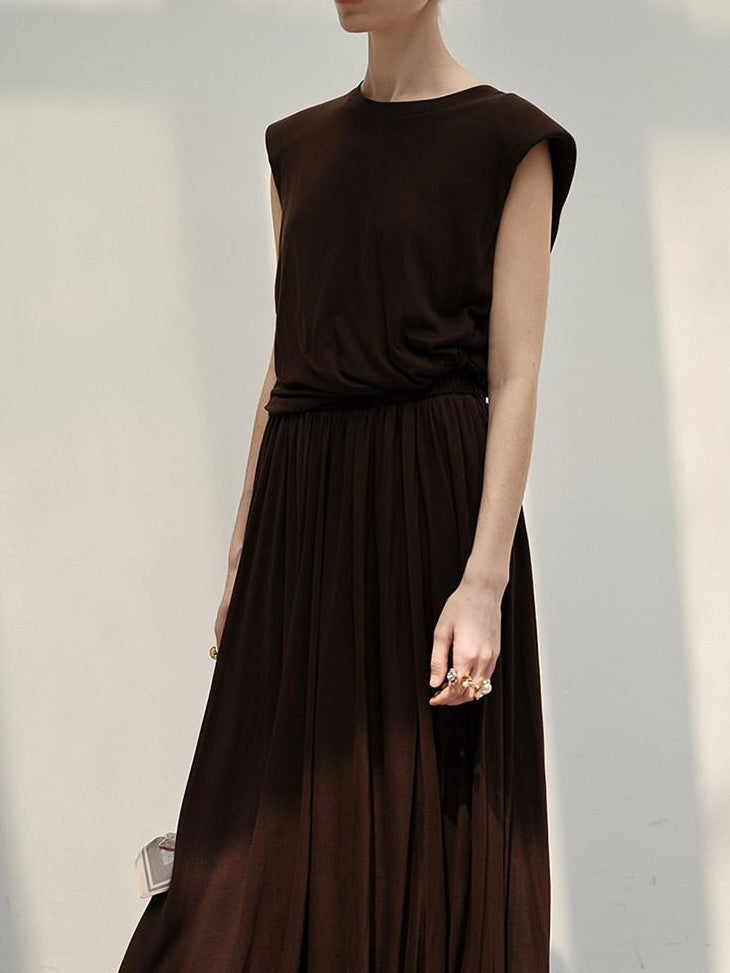 audreyyang Recycled Viscose French Chic Pleated Aline Two Piece Sleeveless Maxi Dresses