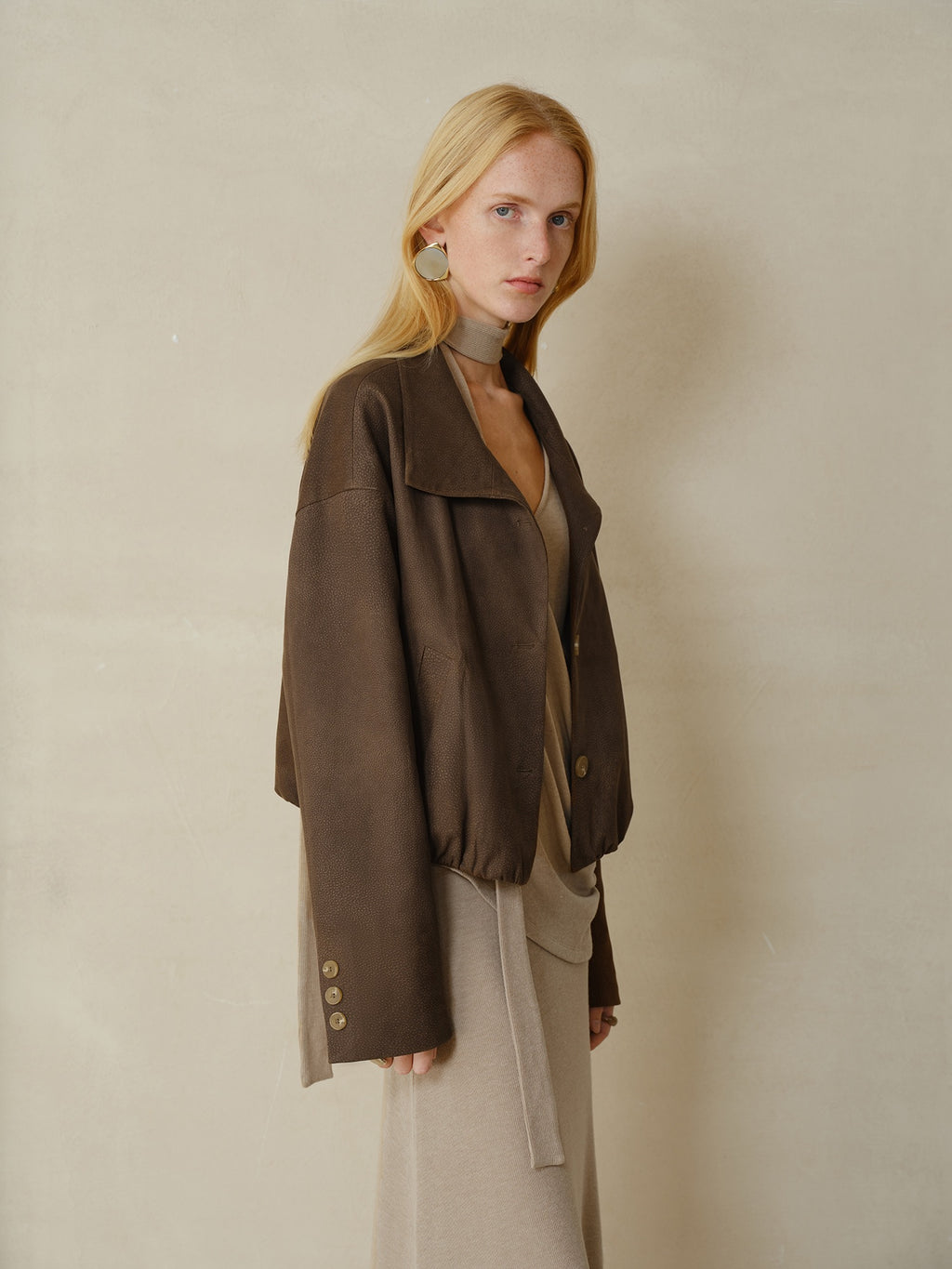 someonesometimes Stretch Polyester Vintage Loose Short Zip Women Coffee Brown Cropped Jackets