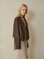 someonesometimes Stretch Polyester Vintage Loose Short Zip Women Coffee Brown Cropped Jackets