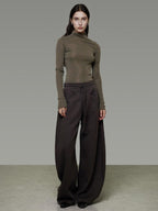 unspoken Breathable Cotton High Waist Tie Waist Minimalist Women Brown Wide Leg Pants