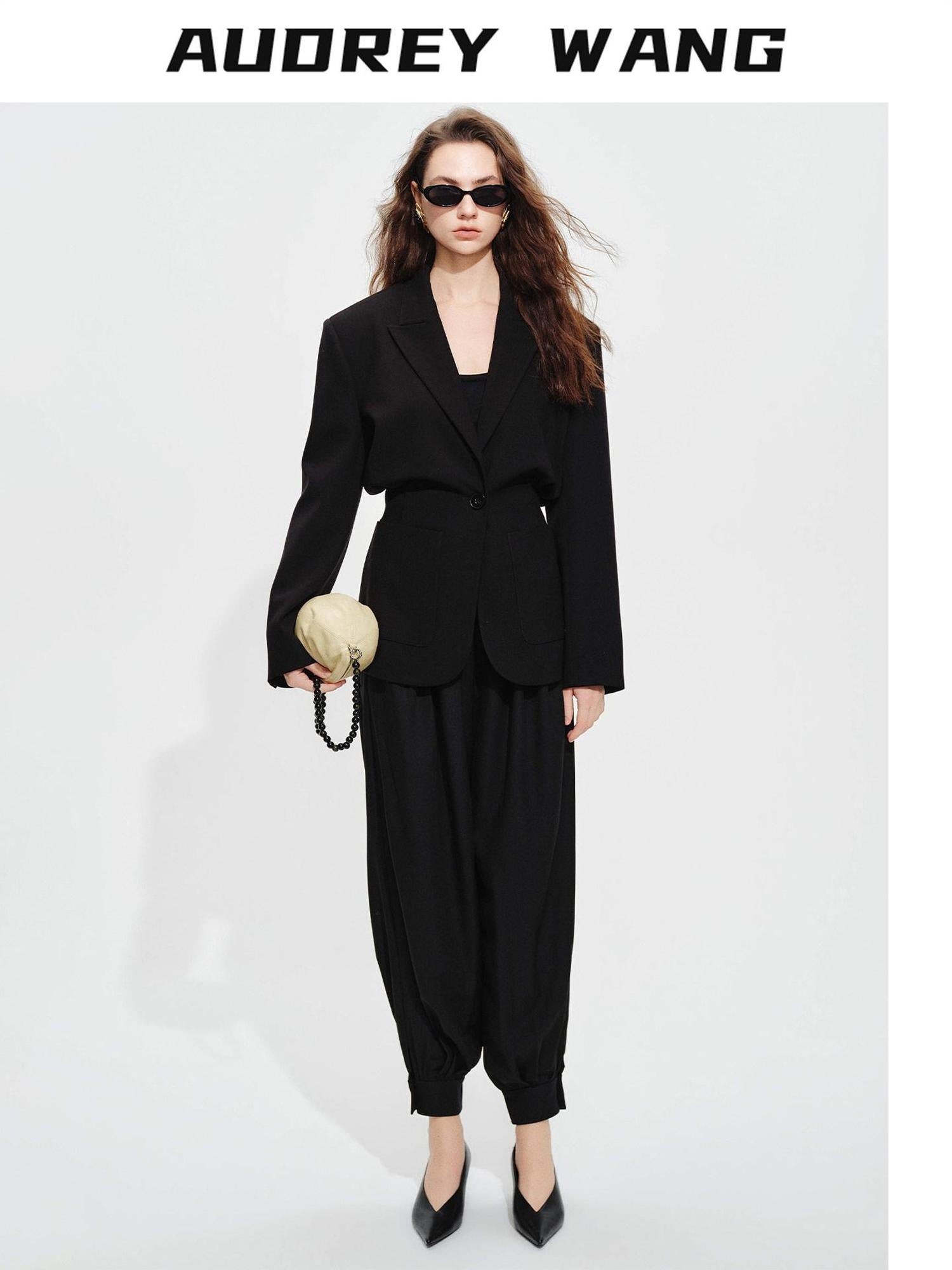 audreyyang Oversized Cinched Waist Short Notch Lapel One Button Black Polyester Blazers