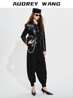 audreyyang Belted Lambskin Slim Fit Short Lapel Long Sleeve Black Genuine Leather Jackets