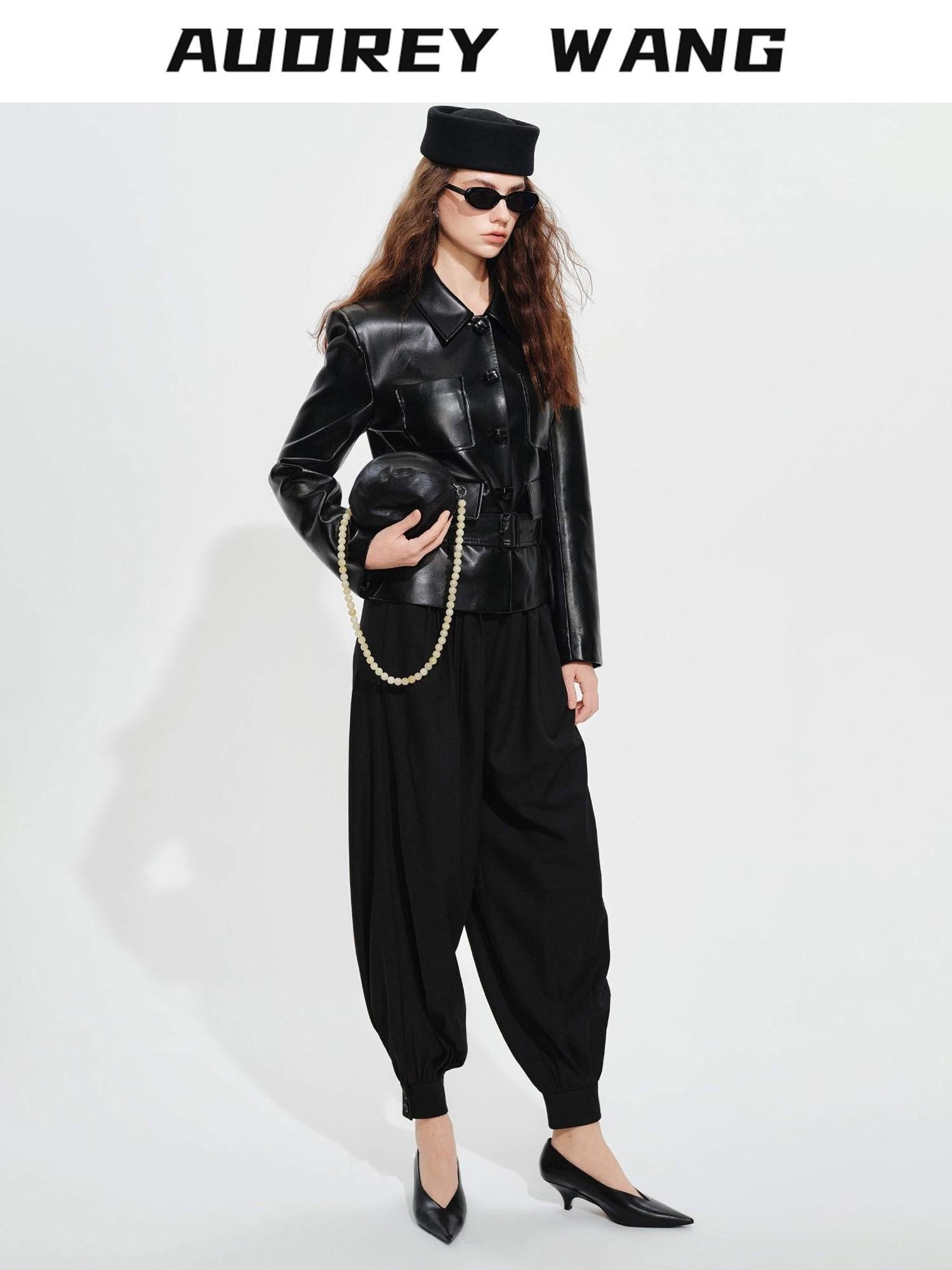 audreyyang Belted Lambskin Slim Fit Short Lapel Long Sleeve Black Genuine Leather Jackets