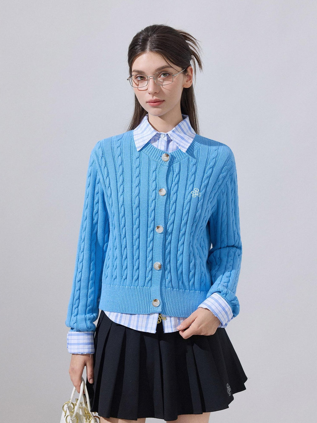 ikyou Soft Cotton Blend Preppy Regular Button Front Blue Casual Women Logo Cardigans