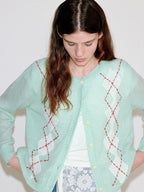 fano Warm Wool Blend Diamond Loose Fit Commuter Round Neck Mint Cardigans