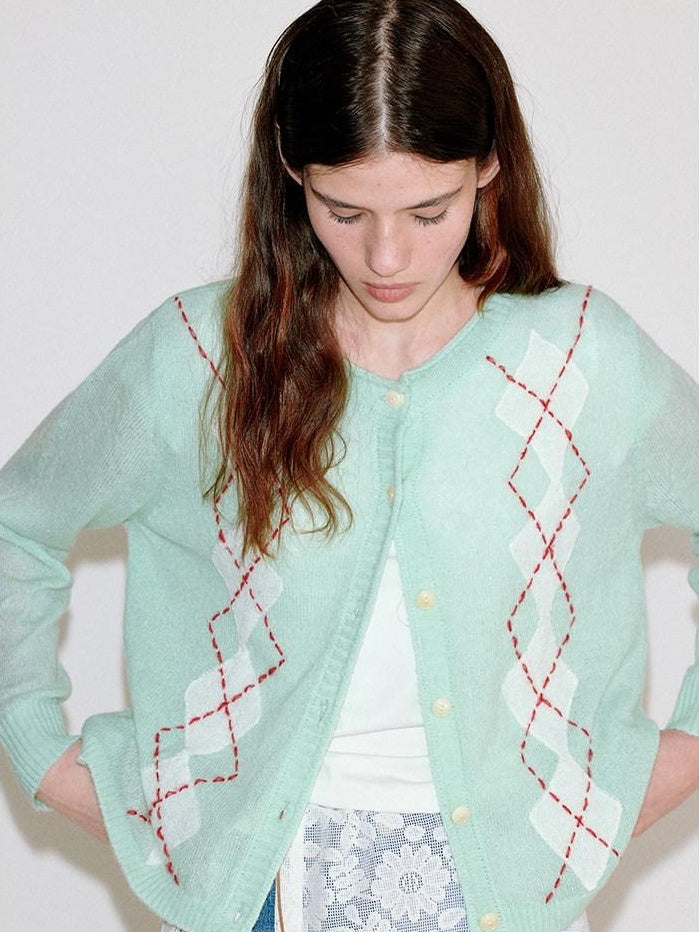 fano Warm Wool Blend Diamond Loose Fit Commuter Round Neck Mint Cardigans
