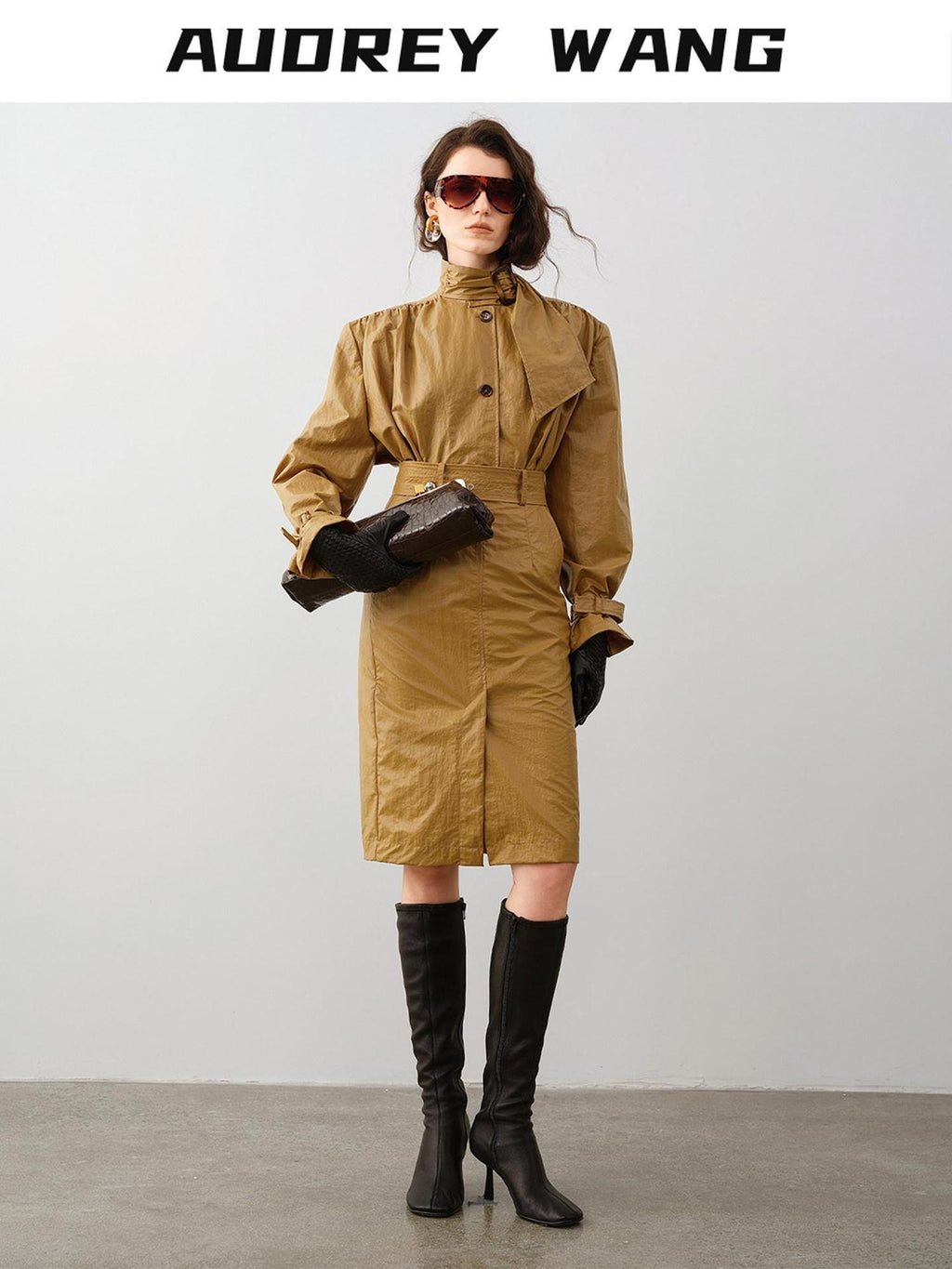 audreyyang Slimming Loose Cuffed Sleeves Button Women Mustard Green Leather Jackets