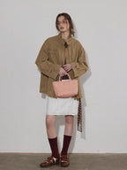 Lofi choose Airy Loose Fit Commuter Lapel Button Longsleeve Solid Khaki Cropped Jackets