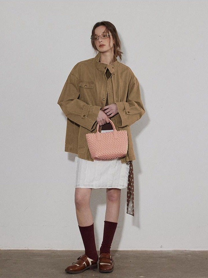 Lofi choose Airy Loose Fit Commuter Lapel Button Longsleeve Solid Khaki Cropped Jackets
