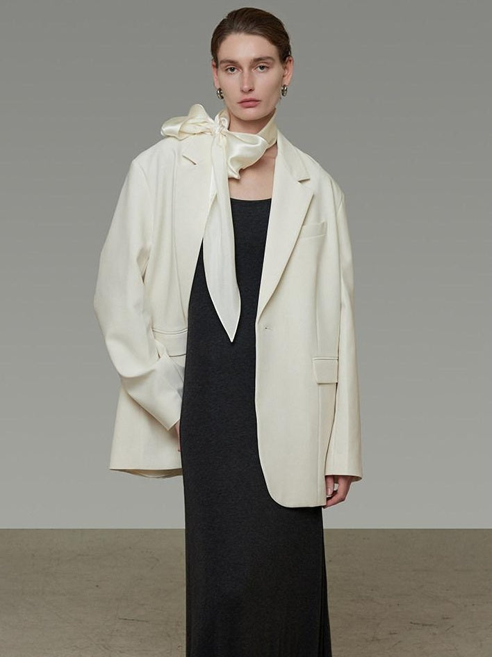 unspoken Warm Minimalist Oversized Ribbon Tie Lapel Long Sleeve Women Blazers