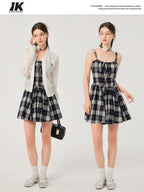 ikyou Slimming Cinched Waist Strappy Plaid A Line Office Midi Dresses