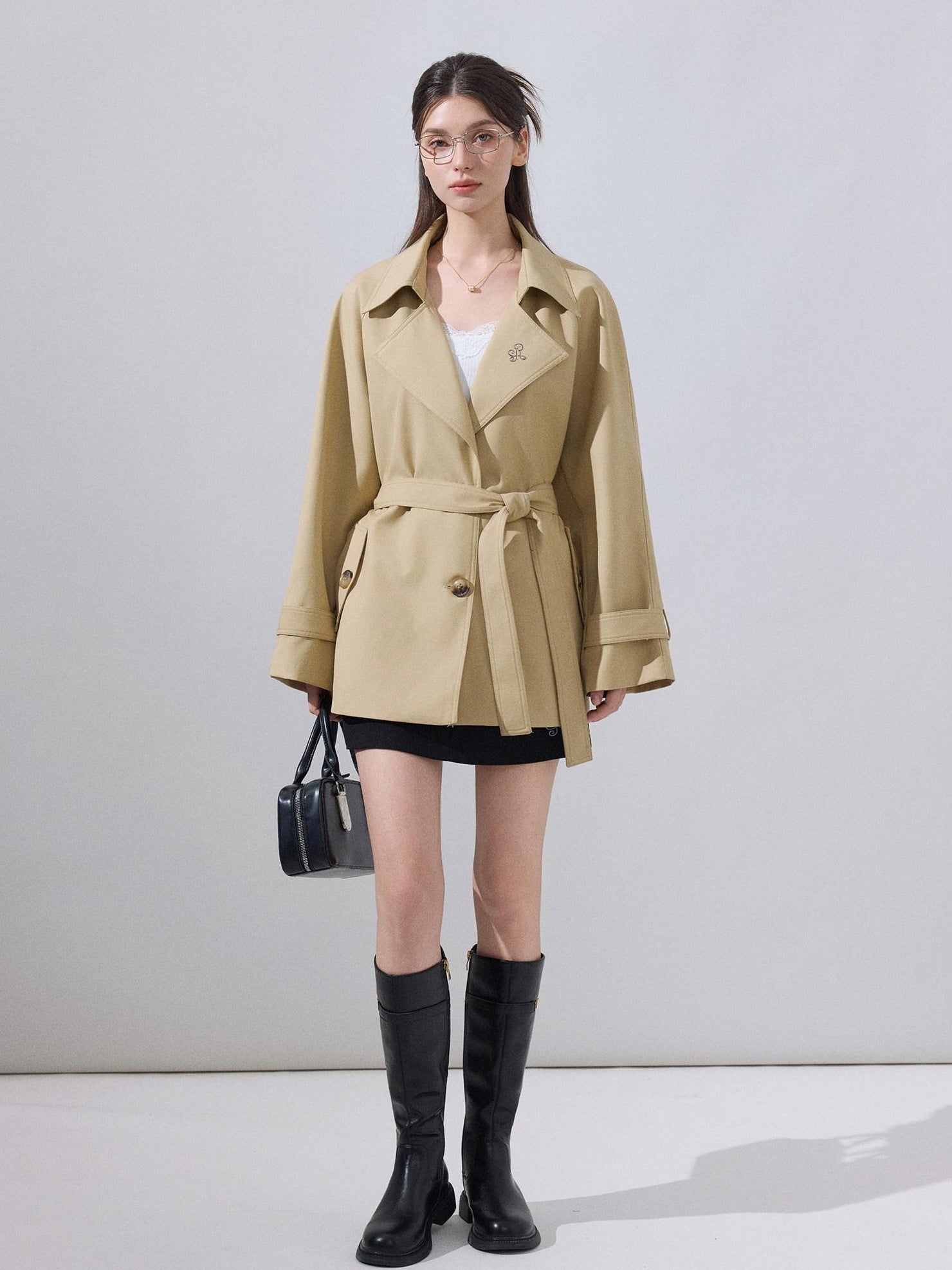 ikyou Lightweight Khaki High Waist Belted Artistic Lapel Women Trench Coats