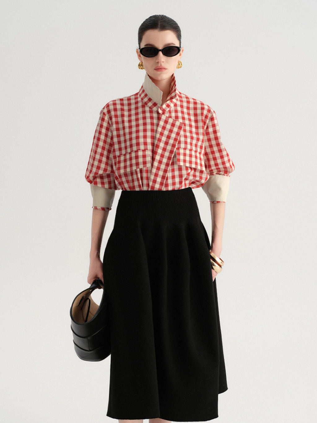 audreyyang Flattering High Waist A Line Solid Black Nylon Office Casual Women Maxi Skirts