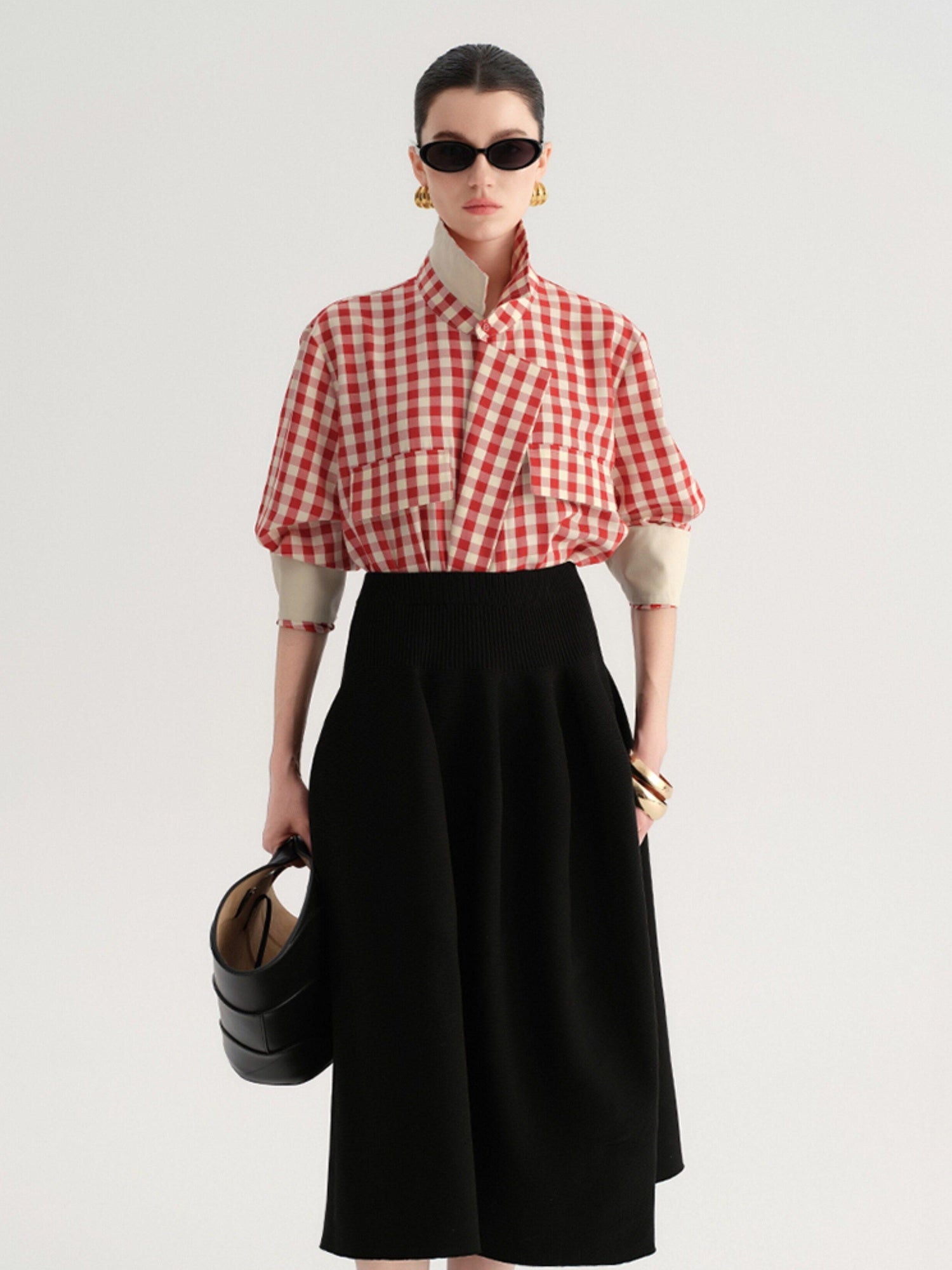audreyyang Flattering High Waist A Line Solid Black Nylon Office Casual Women Maxi Skirts