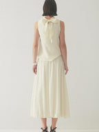 someone sometimes Original Slim Tie Detail Stand Collar Sleeveless Cream Pullover Top & Skirt Sets