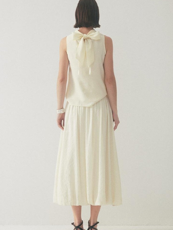 someone sometimes Original Slim Tie Detail Stand Collar Sleeveless Cream Pullover Top & Skirt Sets