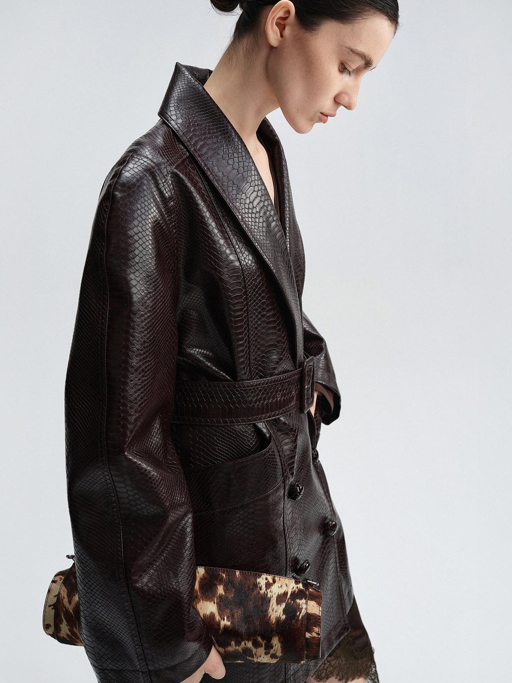 audreyyang Thick Vintage Croc Embossed Doublebreasted Midlength Women Pu Leather Jackets