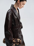 audreyyang Thick Vintage Croc Embossed Doublebreasted Midlength Women Pu Leather Jackets