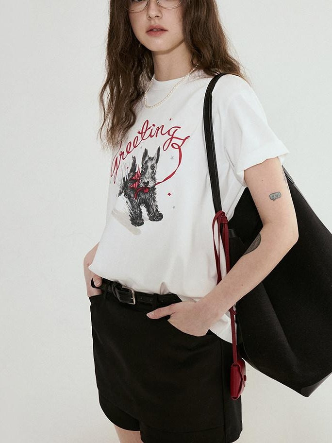 fano Cotton Blend Korean Loose Fit Crewneck Women White Printed Short Sleeve T-Shirts