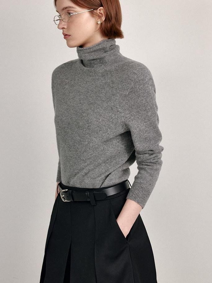 fano 100 Percent Wool High Neck Straight Minimalist Commuter Women Pullover Sweaters