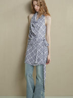 someonesometimes Lightweight Halter Tie Plaid Office Regular Fit Cornflower Blue Midi Dresses