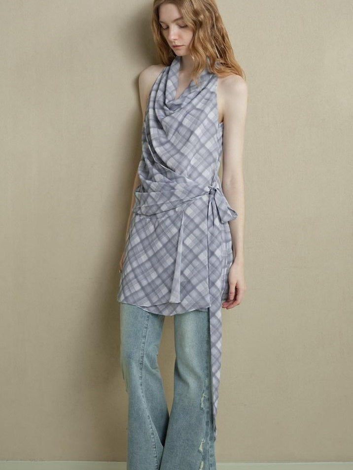 someonesometimes Lightweight Halter Tie Plaid Office Regular Fit Cornflower Blue Midi Dresses