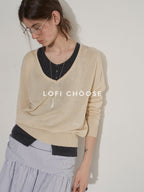 Lofi choose Silk Blend V-neck Oversized Pullover Simple Women Solid Knit Sweaters