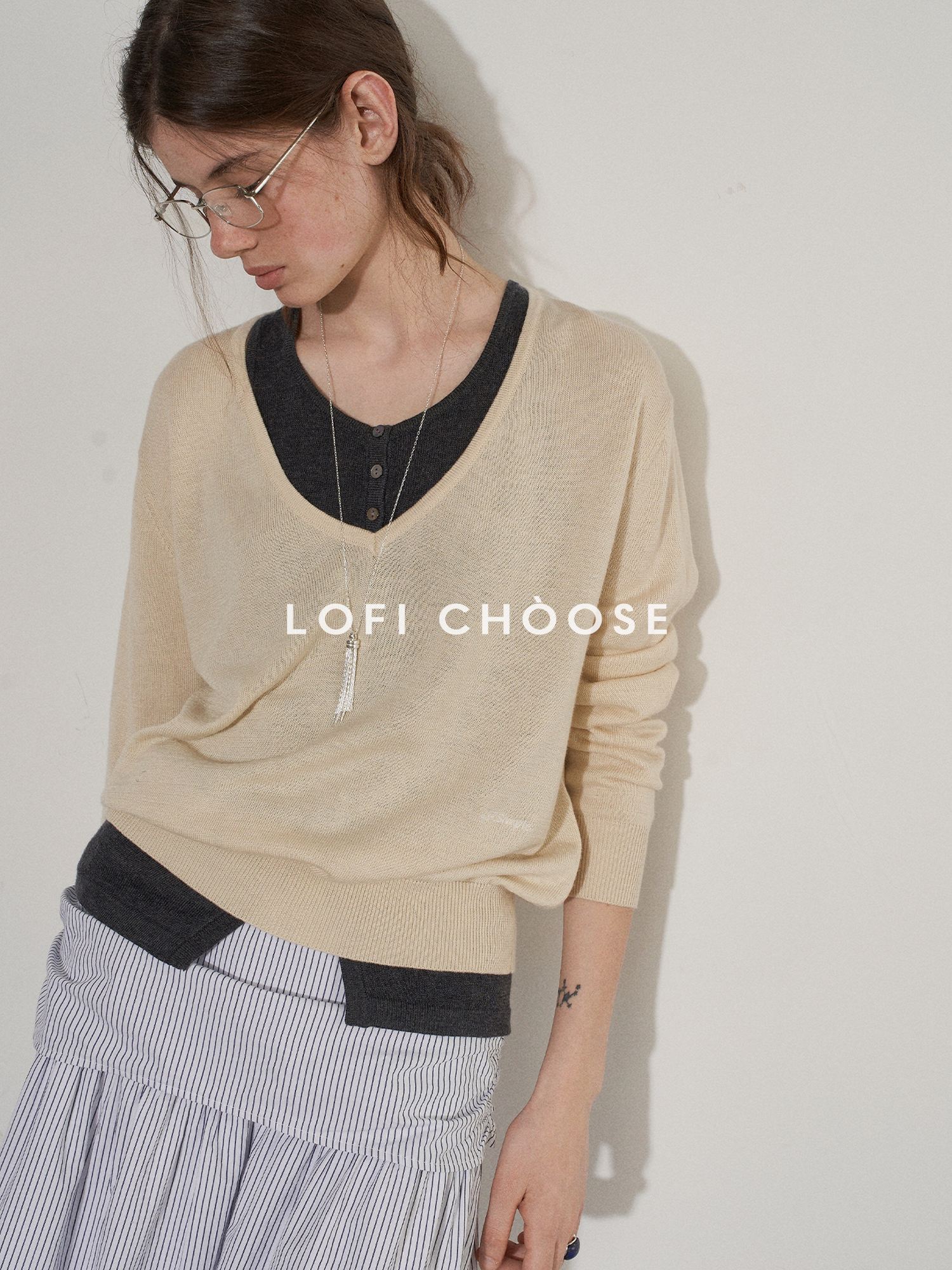 Lofi choose Silk Blend V-neck Oversized Pullover Simple Women Solid Knit Sweaters