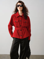 audreyyang Premium Lambskin Loose Fit Lapel Button Women Chinese Red Cropped Jackets