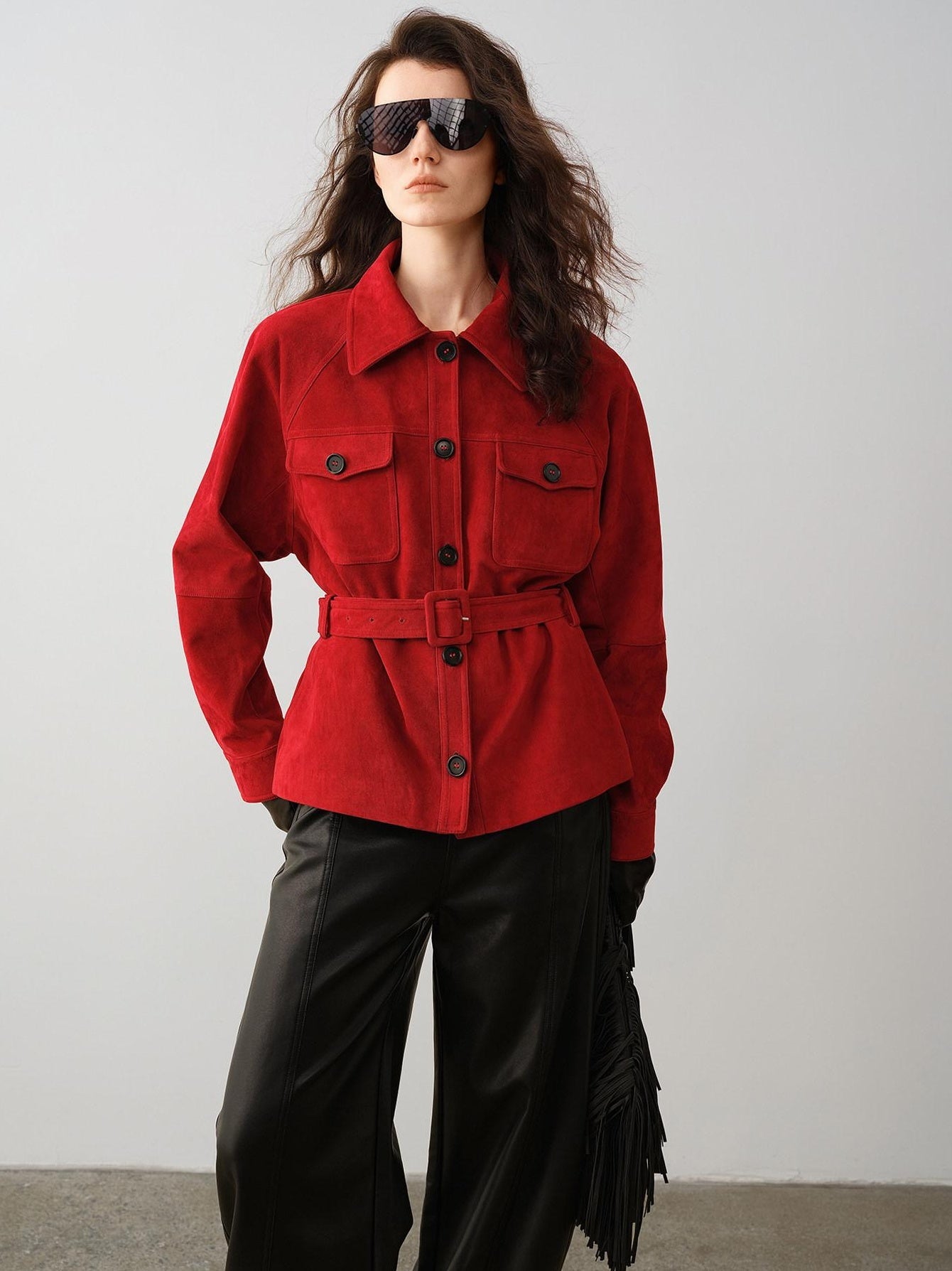 audreyyang Premium Lambskin Loose Fit Lapel Button Women Chinese Red Cropped Jackets