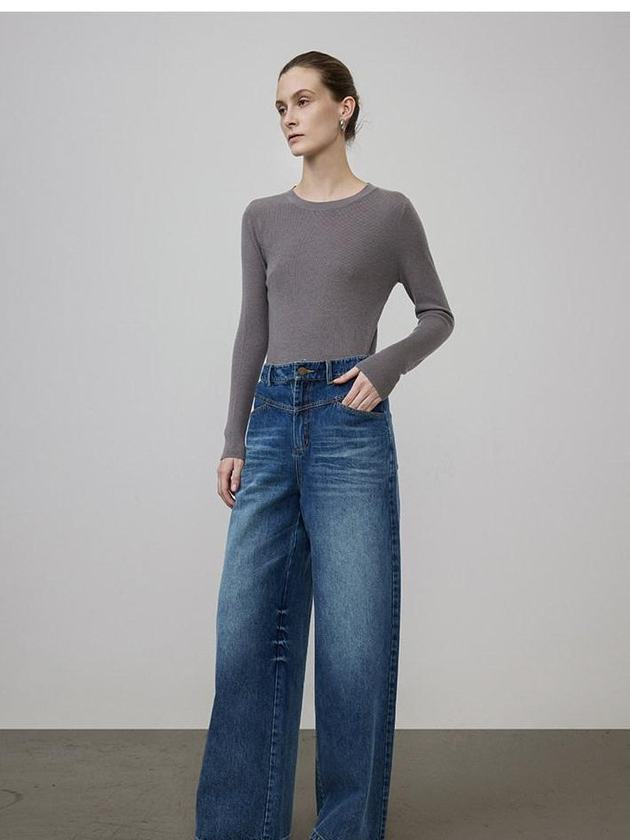 unspoken High Waist Washed Durable Denim Blue Loose Versatile Cotton Wide Leg Jeans