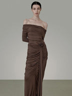 unspoken Slim Pleated Minimalist Workwear Women Pullover Polyester Brown Top & Skirt Sets